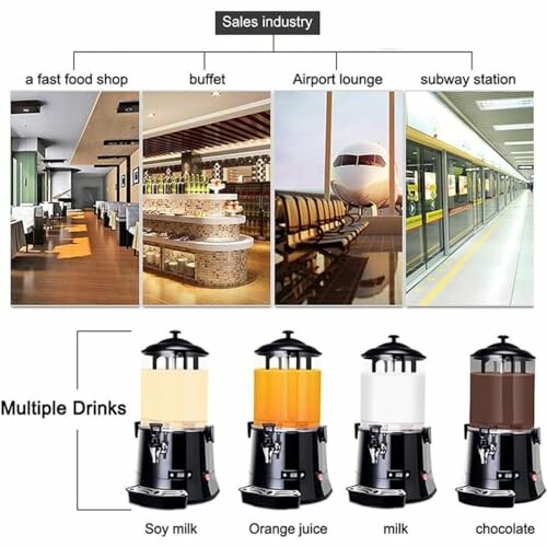 Drankdispensers voor verschillende drankjes in diverse omgevingen zoals fastfood, buffet, luchthaven en metrostation.