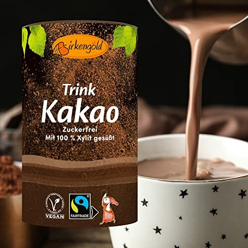 Verpakking van Birkengold suikervrije cacao met Fairtrade en vegan logo's.