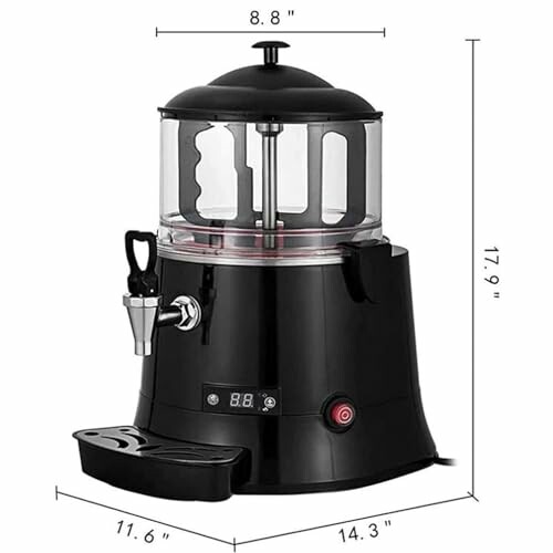 Zwarte chocolademelkdispenser met digitale display en afmetingen