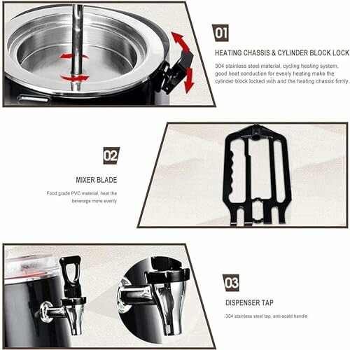 Diagram van blenderonderdelen met verwarmingsonderdeel, mixerblad en tapkraan.