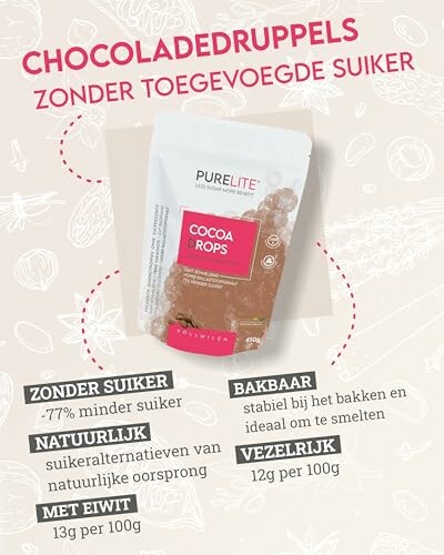 Verpakking van suikervrije chocoladedruppels met voedingsinformatie.