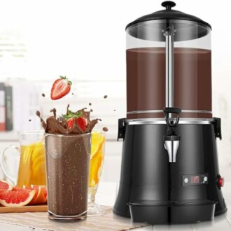 Chocoladedispenser met glazen fruitsap.