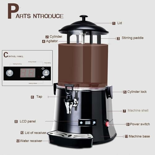 Diagram van een chocoladedispenser met onderdelen vermeld.