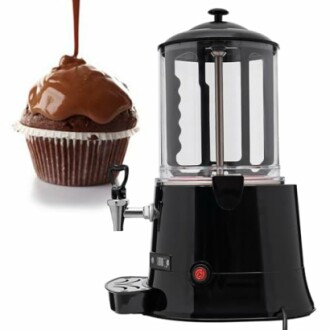 Chocoladedispenser naast een cupcake met chocoladeglazuur.