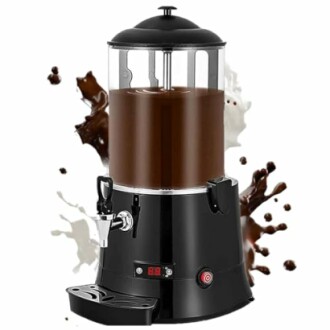 Chocoladedispenser met spetters op witte achtergrond.