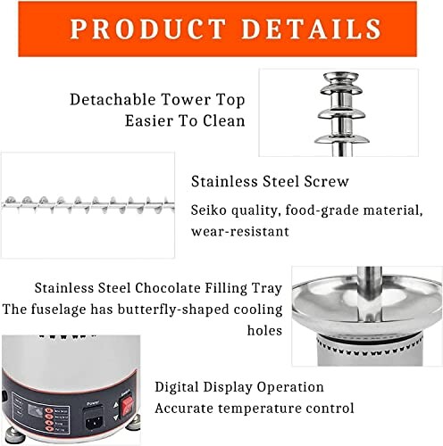 Productdetails van chocoladefontein, inclusief roestvrijstalen schroef en bedieningspaneel.