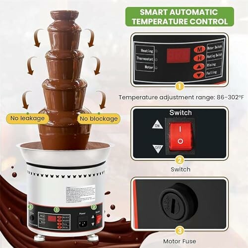 Chocoladefontein met temperatuurregeling en schakelaar