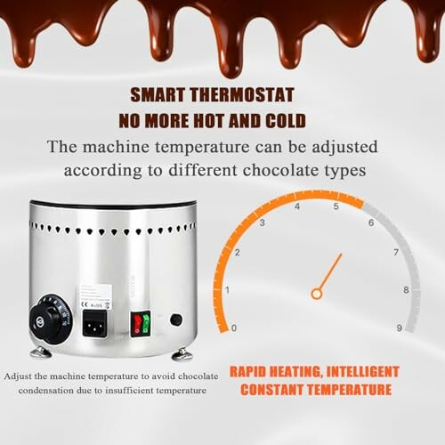 Chocolademachine met slimme thermostaat en temperatuurinstellingen.