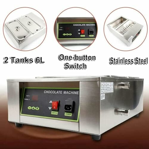 Chocolade smeltmachine met twee tanks en roestvrij staal ontwerp.