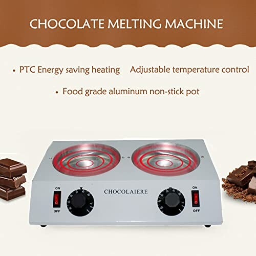 Machine voor het smelten van chocolade met twee verwarmingsplaten en bedieningselementen.