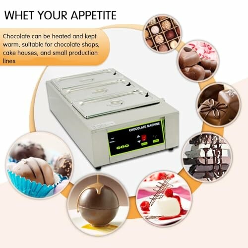 Chocoladetempermachine met verschillende chocolaatjes en desserts