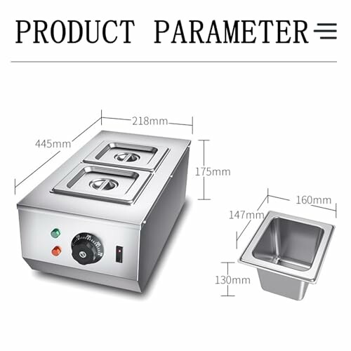 Afbeelding van een commerciële voedselwarmer met afmetingen