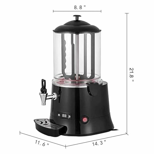 Zwarte commerciële chocolademelk machine met afmetingen.