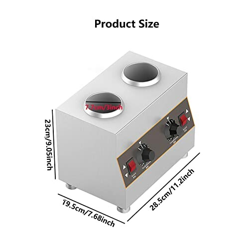 Afmetingen van een commerciële sauswarmer met twee houders en knoppen.