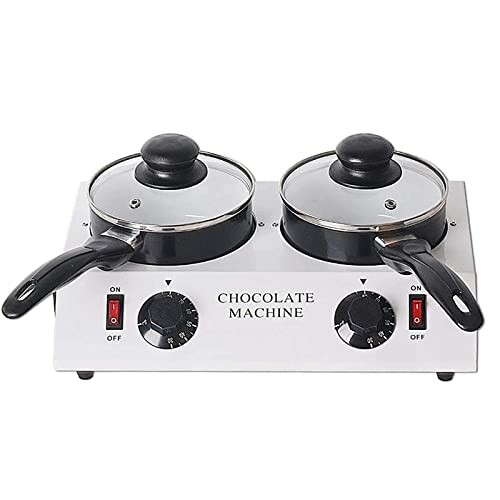 Chocolade fonduemachine met twee potten en deksels.