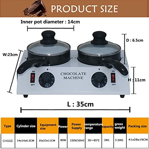 Dubbele chocolademachine met afmetingen en specificaties.