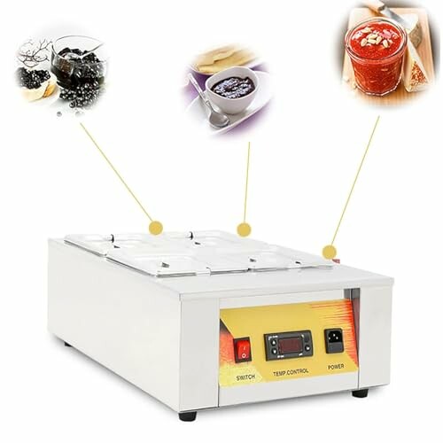 Voedselverwarmer met verschillende sauzen en desserts.