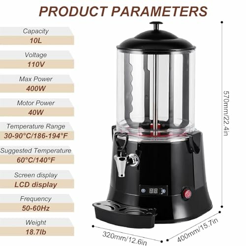 Zwarte hete drankdispenser met productparameters.