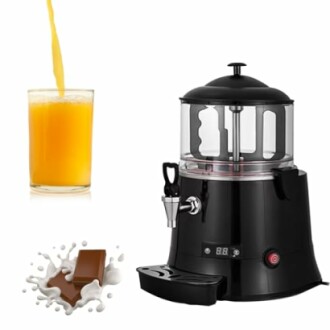 Sapdispenser met glas sinaasappelsap en chocoladespat