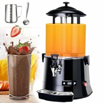 Sinaasappelsapdispenser met chocoladedrank en aardbeien