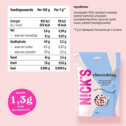 Verpakking van NICK'S chocodrink met voedingsinformatie en ingrediënten.