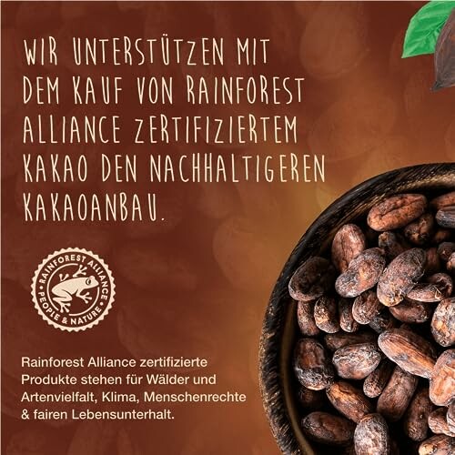 Cacaobonen met Rainforest Alliance logo en tekst over duurzaamheid.