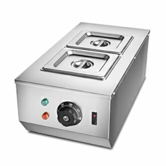 RVS bain-marie met twee vakken en bedieningselementen.