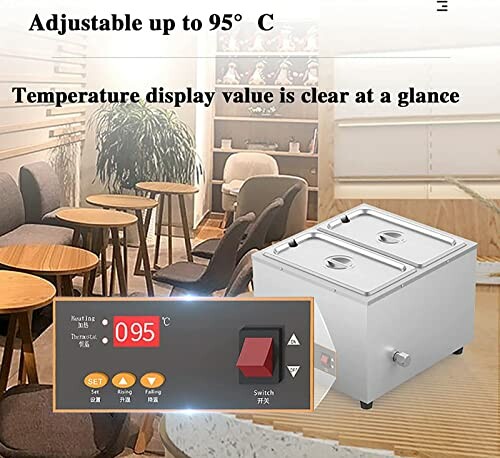 Temperatuurregelaar met display en stoelen op de achtergrond